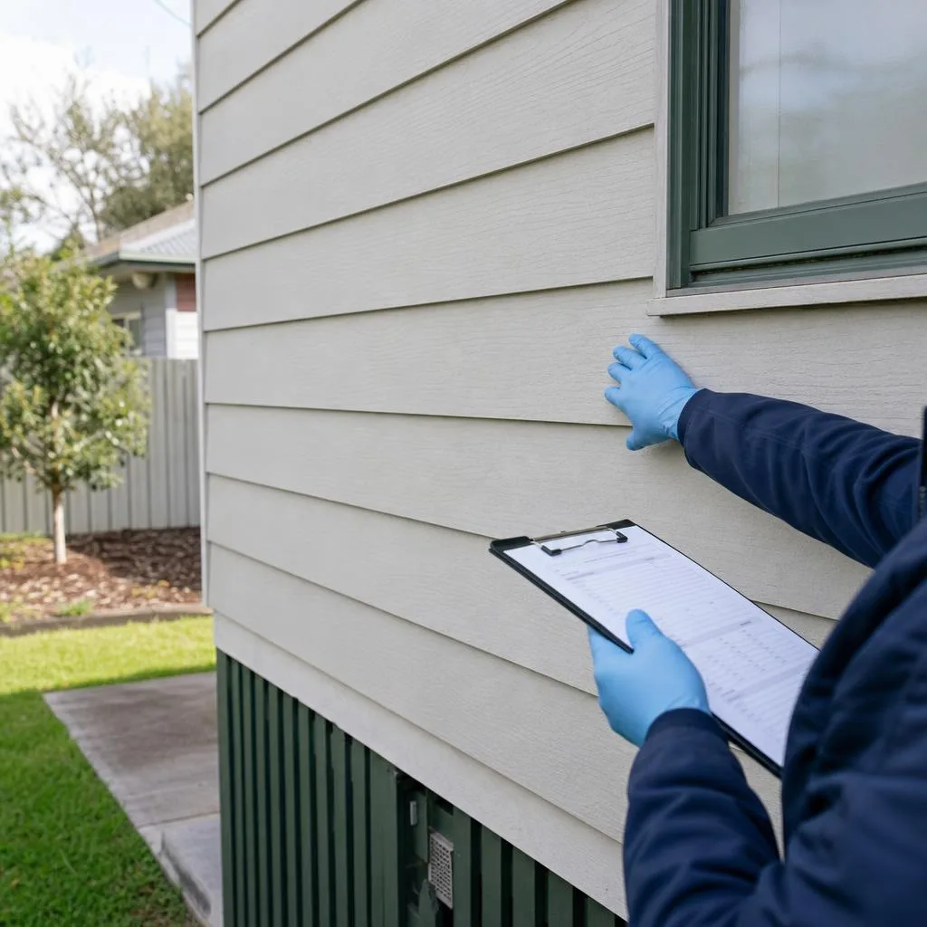 Illustration of an inspector assessing intact fibro wall cladding with a clipboard