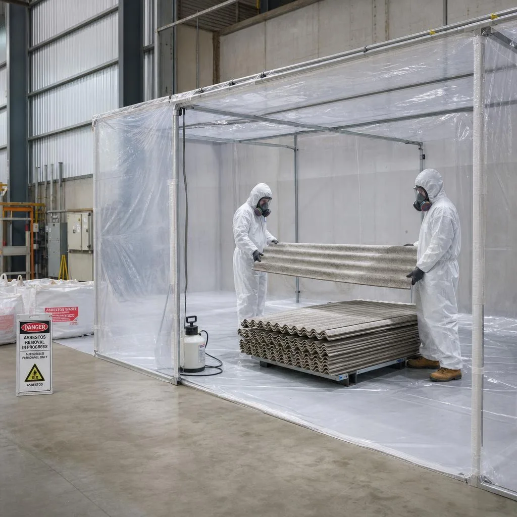 Illustration of asbestos-removal containment in a commercial warehouse