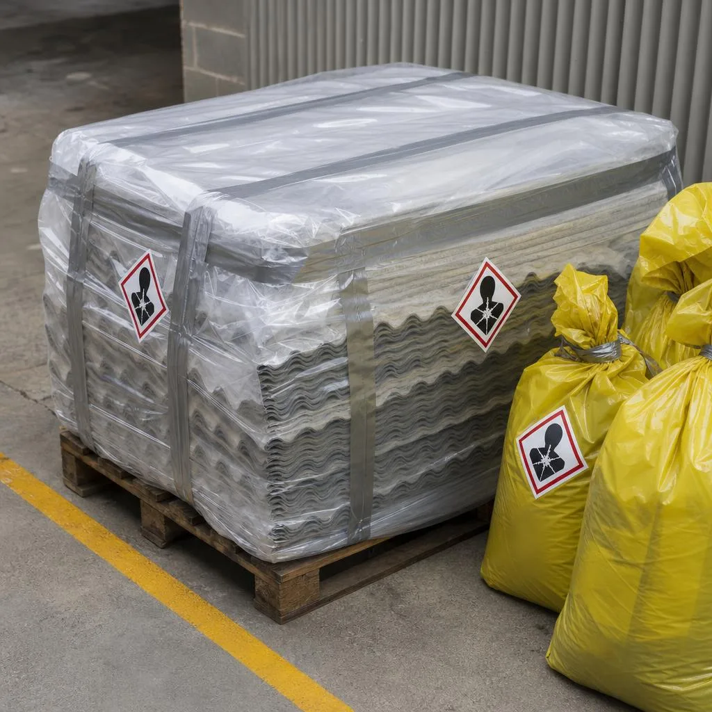 Illustration of sealed and wrapped asbestos-cement sheets and waste bags ready for disposal